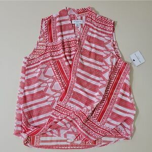 Liz Claiborne Tahitian Tribal Red Print Surplice Crossover Sleeveless Blouse